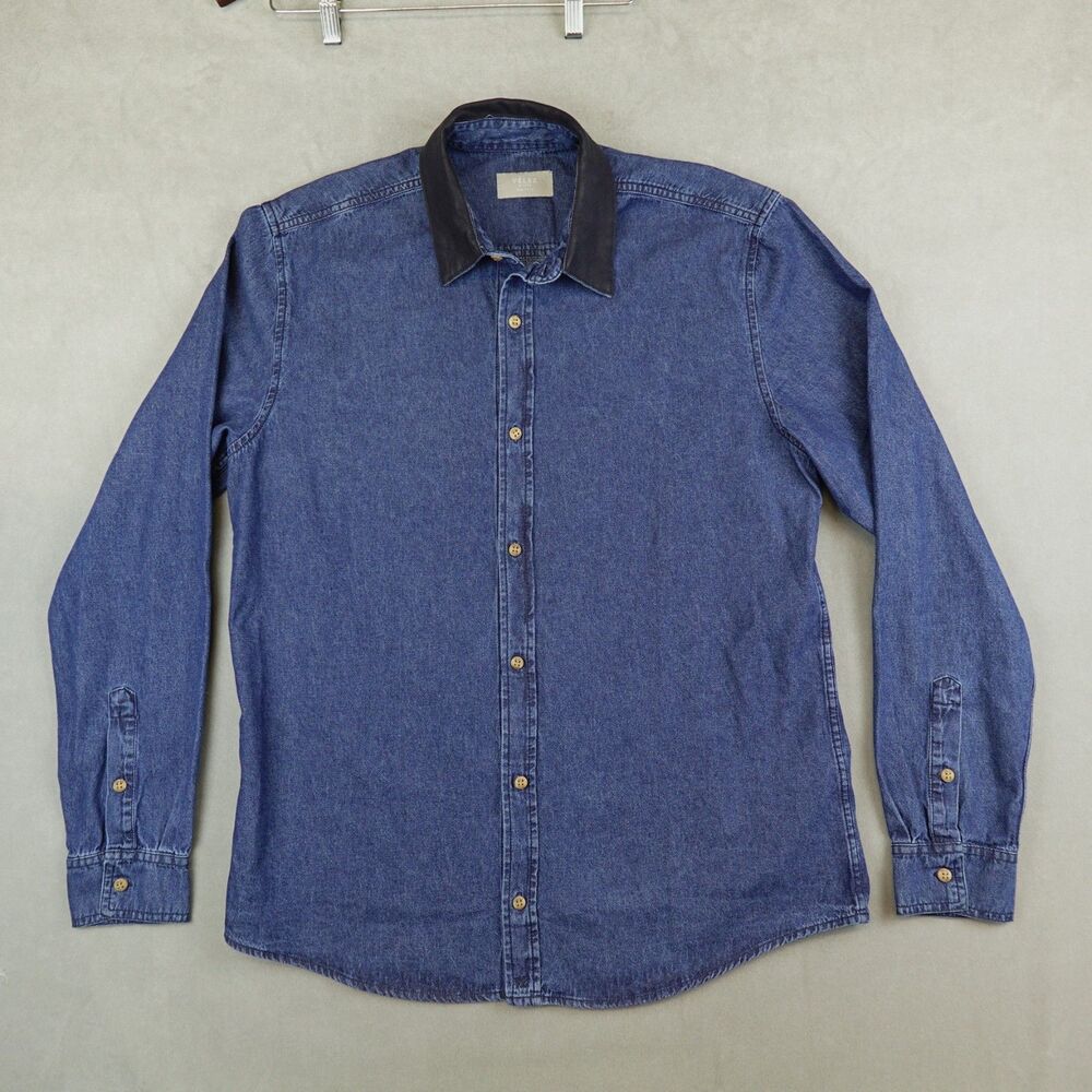 Velez Shirt Artisan Semi Fit Size Large Denim Chambray Blue Button Up Leather